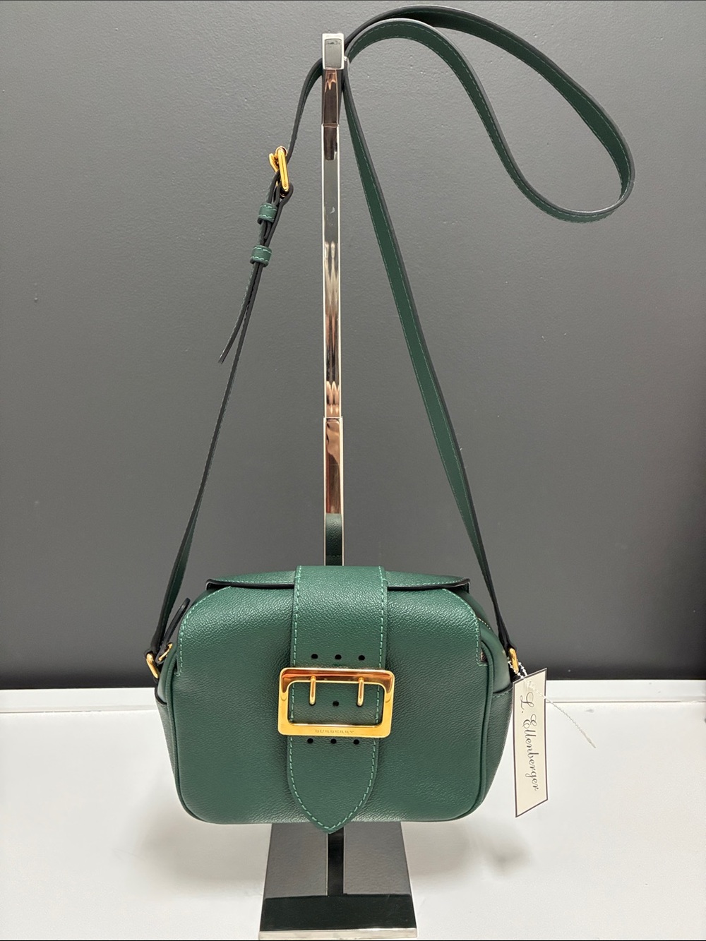Burberry Like New Green Leather Crossbody Bag with Gold Buckle